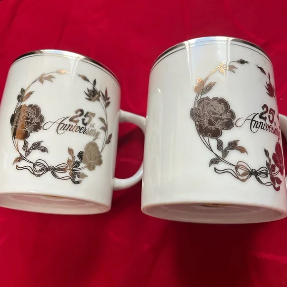 White and Red Ceramic Mugs with Folk Art Design - Picture 2 of 6